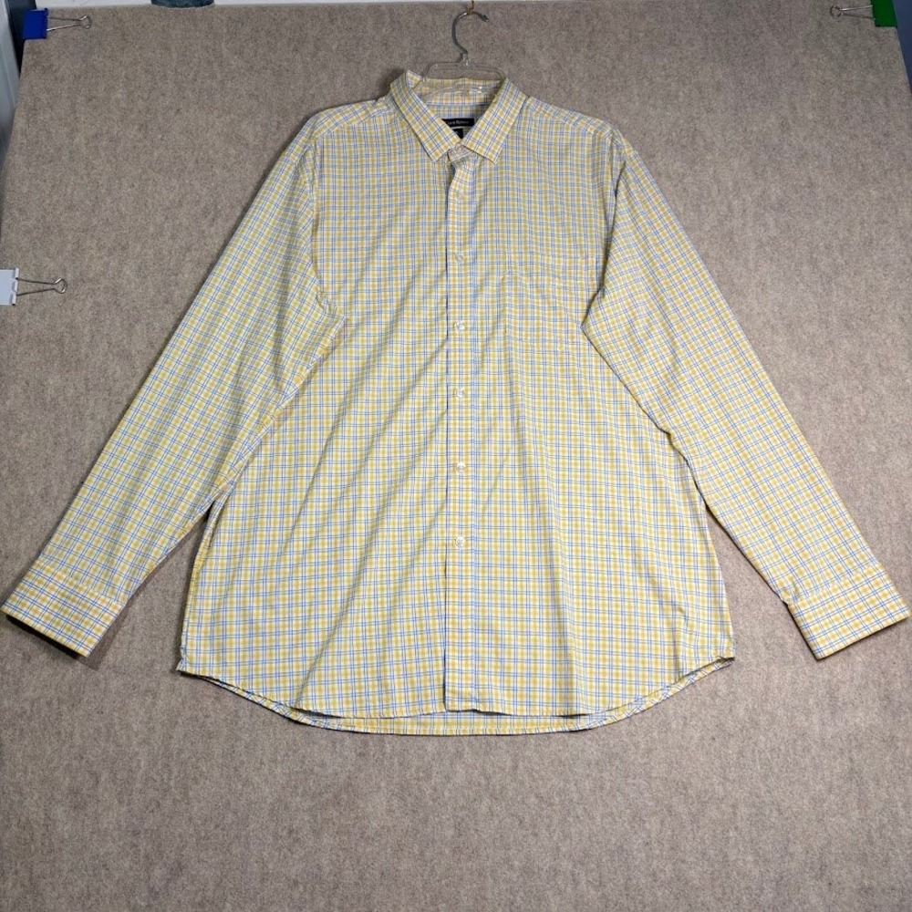 Club Room Shirt Mens XL Yellow Blue Plaid Nylon Spandex Button Down Classic Fit